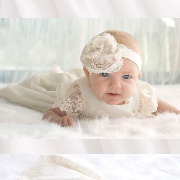 Baptism Dress-Flower Girl Dress-baby dress-Baby girl Clothes-Newborn Girl Dress-headband-Baby Dress-Christening Dress-size 0m-9m