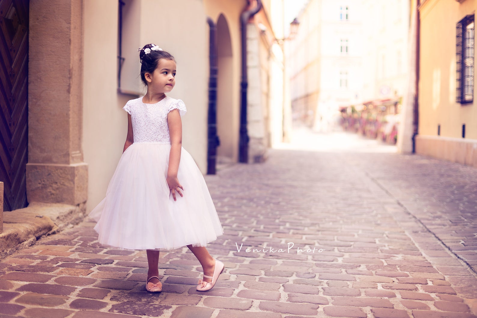 Girls Glitter Tulle Communion Dress with Floral Bodice & Bow main image 0