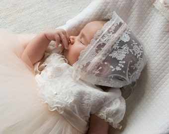 baptism baby girl bonnet with lace, laced bonnet