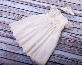 baptism dress in ivory or white, the set include dress and headband.