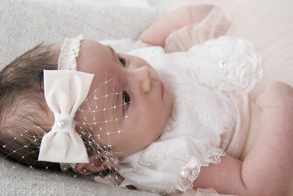 Baby Baptism Headband with bow lace and perl boton in ivory-white-very delicate pink