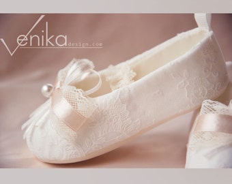 christening baby shoes in ivory with delicate pink
