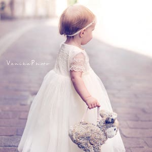 lace christening dress with tulle and dots