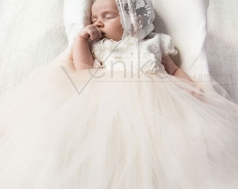 Baptism dress Tulle gown for the baptism or other ceremony in the color antique white and very delicate pink-wedding baby dress