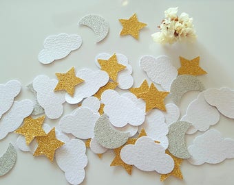 Star and moon confetti,Twinkle party decoration,Cloud moon star Canetti, moon star scatter,Silver glitter moon confetti,Glitter white could