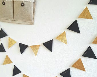 Triangle garland,(10F) Glitter gold Flag bunting garland,Black and Gold garland,Pennant garland,50th birthday decor,Black and gold decor