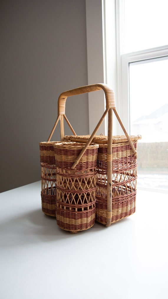 Vintage Boho Rattan Wicker Wine Bottle Picnic Bas… - image 1