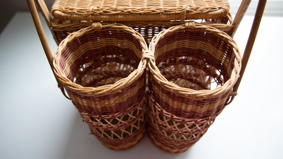 Vintage Boho Rattan Wicker Wine Bottle Picnic Bas… - image 4