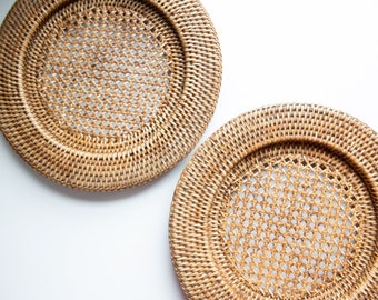 Two Boho Rattan Cane Hand Woven Plate Chargers