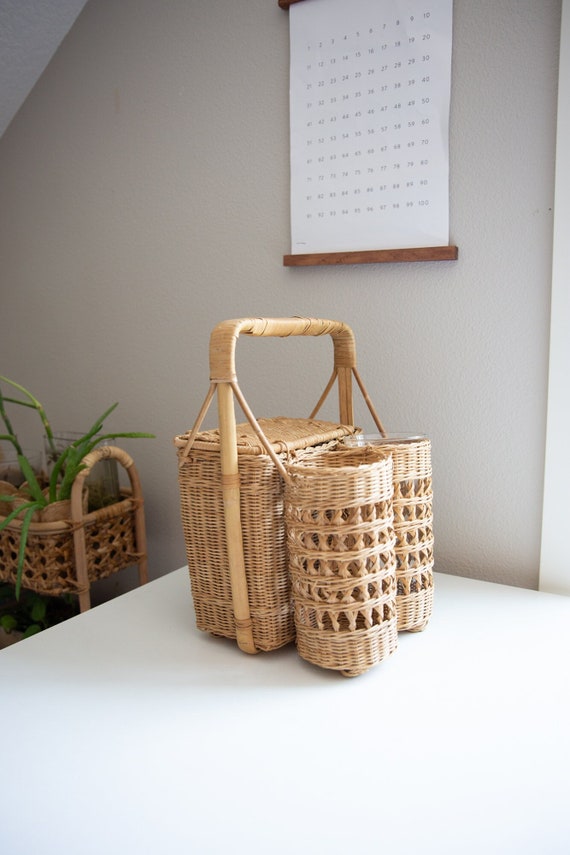 Vintage Wicker Rattan Lidded Picnic Basket With Wi