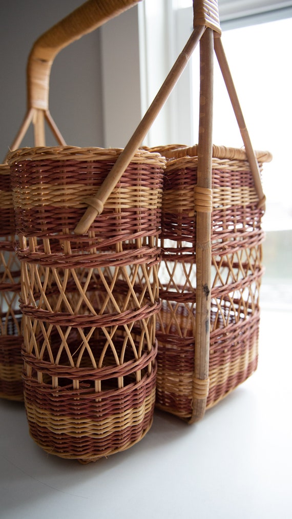 Vintage Boho Rattan Wicker Wine Bottle Picnic Bas… - image 2