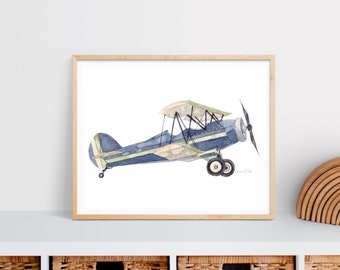 Druckbares Aquarell Vintage Blaues Flugzeug | Digitaler Download | Flugzeug Motiv Kinderzimmer Wandkunst | Jungenzimmer Dekor | Transportkunst