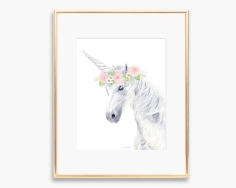 Floral Crown Unicorn Giclee Print | Watercolor Nursery Art