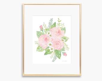 Floral Bouquet Watercolor Fine Art Print, Pink Roses and Baby's Breath Floral Design for Baby Girl Nursery or Little Girl's Room