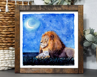 Lion and the Lamb Watercolor Painting |  Baby Nursery Wall Art |  Giclee Print | Christian Home Decor | Religious Art