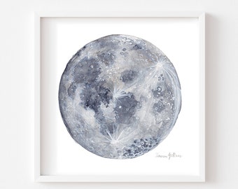 Aquarelle Moon Painting | Art céleste | Thème star et planète | Décor pour pépinière | Art de mur d’espace extra-extérieur pour la maison