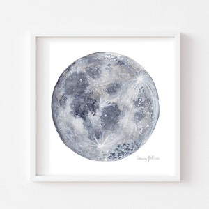 May include: A watercolor painting of a full moon in shades of gray and white. The moon has a detailed surface with craters and a subtle glow.