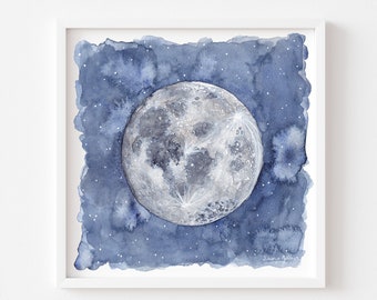 Impression aquarelle lune | Art céleste nuit étoilée