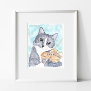 Cat & the Fiddle Watercolor, Fine Art Giclee Print of Hey Diddle Inspired Painting, Wall art Decor of Cat for Nursery, Nursery Rhyme