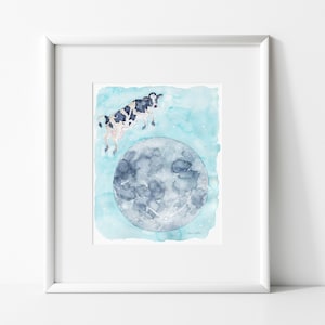 Cow Jumping Over the Moon | Fine Art Giclee of Watercolor painting | Nursery Rhyme Themed Wall Art | Nursery, Children&#39;s Room Decor