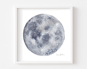 印刷可能な水彩画の月の絵画 | デジタルダウンロードの天体壁アート | 月の宇宙装飾 | 星と惑星のテーマ