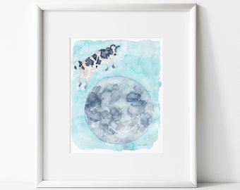 Cow Jumping Over Moon Watercolor Giclee Print | Nursery Rhyme Art