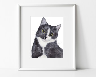 Black and White Cat Painting, Fine Art Giclee Print of a Watercolor Painting of a Tuxedo Cat, Wall Art for Home, Kid's Room, Nursery, Dorm