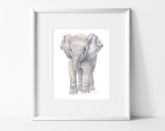 Baby Elephant Painting, Animal Portrait, Art for Nursery Decor, Elephant Nursery Art - Watercolor Print