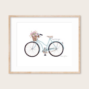 Vintage Bicycle Watercolor Painting | Fine Art Print of Bike with Basket of Flowers | Nursery, Kid&#39;s Room, Bedroom Wall Art