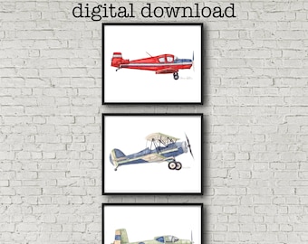 Druckbares Set von Vintage Flugzeugen | 3 Aquarell-Flugzeuge für Flugzeug Theme Room | Wandkunst für Kinderzimmer Büro Home | Transport Dekor