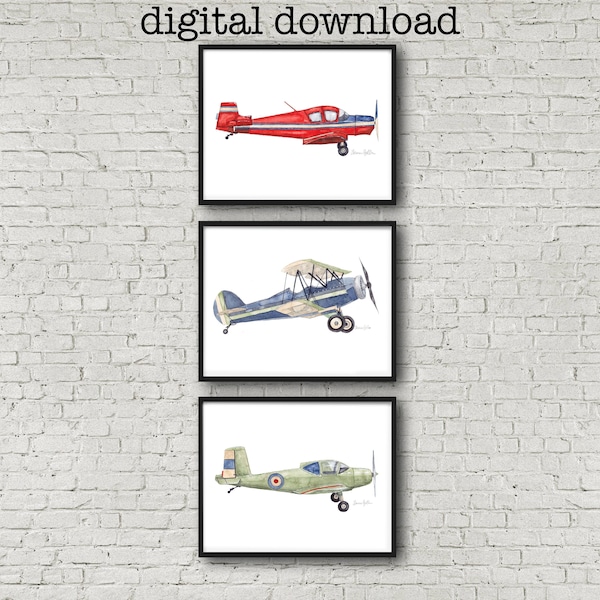 Printable Set of Vintage Planes | 3 Watercolor Planes for Airplane Theme Room | Wall Art for Nursery Office Home | Transportation Decor