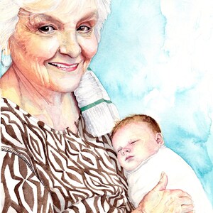 May include: A watercolor painting of an older woman with white hair holding a sleeping baby in her arms. The woman is wearing a brown and white patterned shirt. The baby is wrapped in a white blanket. The background is a light blue watercolor wash.
