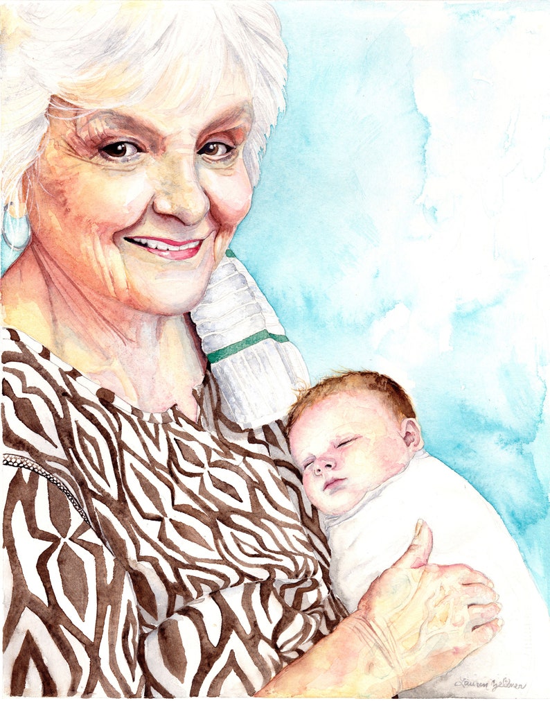 May include: A watercolor painting of an older woman with white hair holding a sleeping baby in her arms. The woman is wearing a brown and white patterned shirt. The baby is wrapped in a white blanket. The background is a light blue watercolor wash.