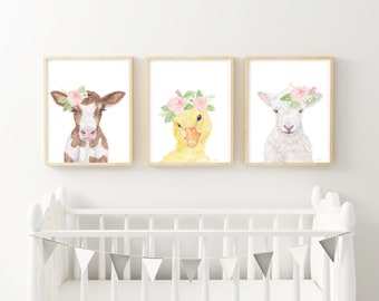 Floral Crown Farm Animal Prints, Watercolor Nursery Wall Art