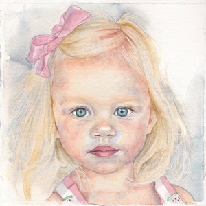 May include: A watercolor painting of a young girl with blonde hair wearing a pink bow. She has blue eyes and is looking directly at the viewer.