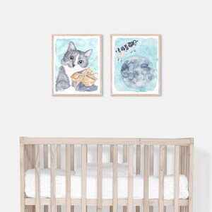 Hey Diddle Diddle Nursery Rhyme Set of Prints, Fine Art Giclee Prints of Watercolor Cat & Fiddle + Cow Over Moon, Wall Art Decor for Nursery