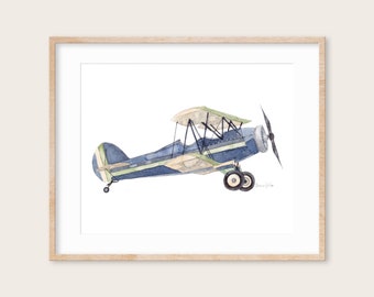 Watercolor Vintage Blue Airplane | Giclee Print | Airplane Theme Nursery Wall Art | Boy's Room Decor | Transportation Art