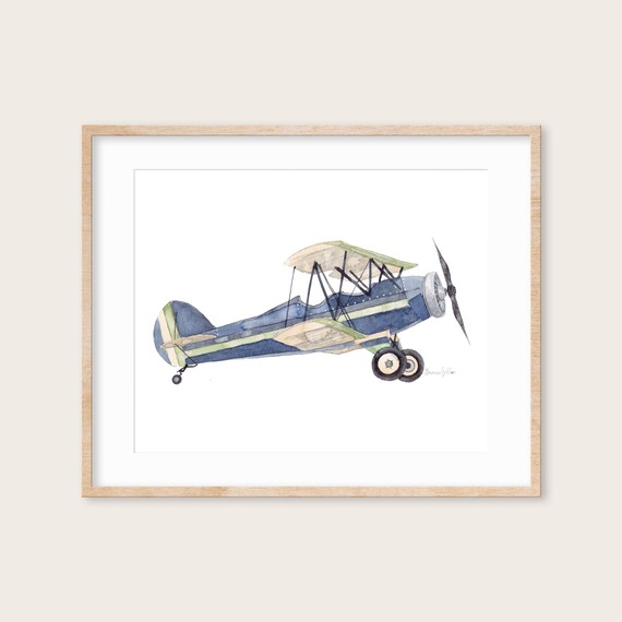 Watercolor Vintage Blue Airplane | Giclee Print | Airplane Theme Nursery Wall Art | Boy's Room Decor | Transportation Art