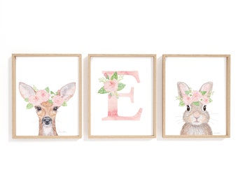 Set of 3 Floral Monogram Woodland Baby Animal Prints | Watercolor Animals with Flower Crowns | Woodland Theme Wall Art | Baby Animal Nursery