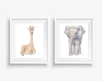 Set of Baby Safari Animal Paintings | Fine Art Giclee Print of Watercolor Baby Giraffe and Baby Elephant | Baby Animal Wall Art for Nursery