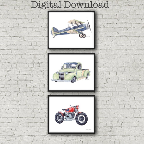 Printable Set of Transportation Paintings | Watercolor Vintage Car, Plane & Motorcycle | Transportation Theme Decor for Nursery Kids Room
