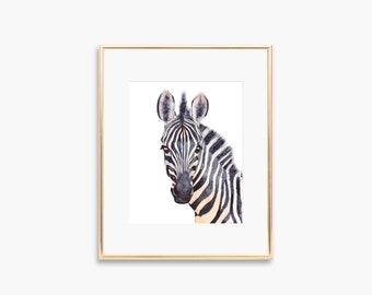 Zebra Painting, Fine Art Giclee Print of Watercolor Zebra Portrait, Zoo Wall Art, Animal Portraits for Nursery, Home, Bedroom