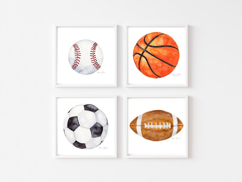 May include: Set of four watercolor paintings of sports balls: baseball, basketball, soccer ball, and football. Each ball is painted in realistic detail with white backgrounds.