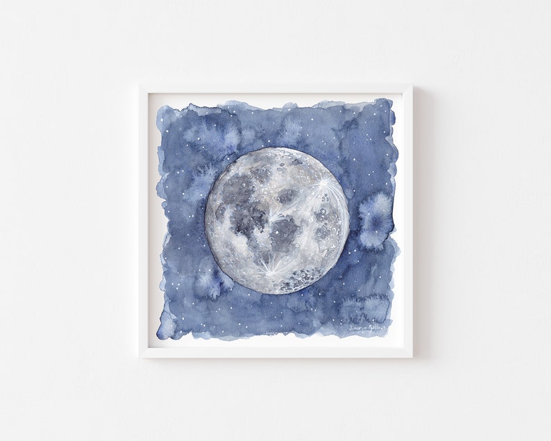 Watercolor Moon Art  Starry Night Painting  Celestial Wall image 1