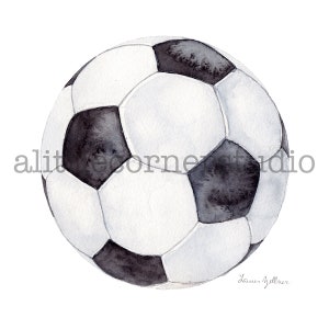 May include: A black and white watercolor painting of a soccer ball.