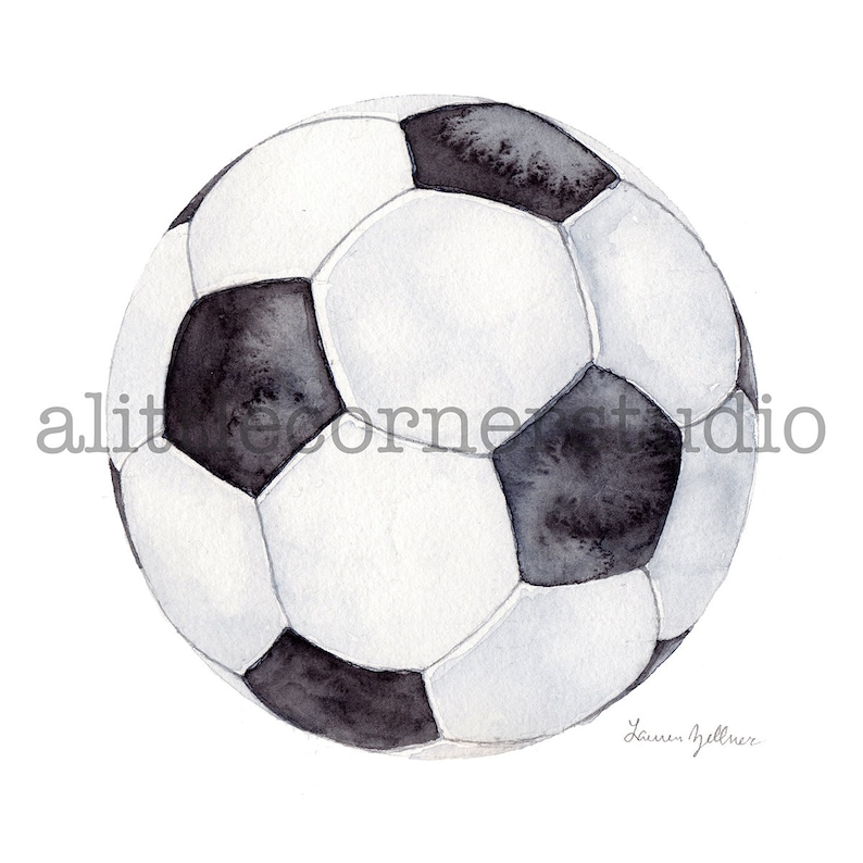 May include: A black and white watercolor painting of a soccer ball.