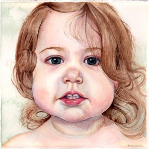 May include: A watercolor painting of a young child with light brown hair and blue eyes. The child is looking directly at the viewer with a serious expression. The painting is done in a realistic style and captures the child's innocence and beauty.