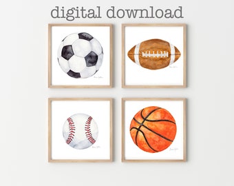 Digitaler Download | Satz von 4 Sportbälle | Druckbare Aquarell Fußball | Soccer Ball | Baseball-| Basketball-| Sport Themenkindergarten