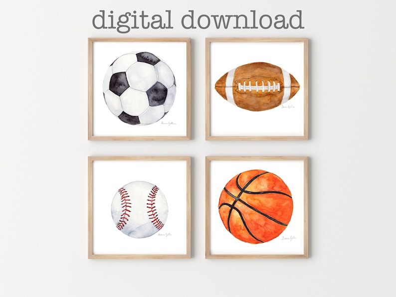 May include: Set of four watercolor illustrations of sports balls: a soccer ball, a football, a baseball, and a basketball. Each ball is depicted in a realistic style with subtle watercolor washes.