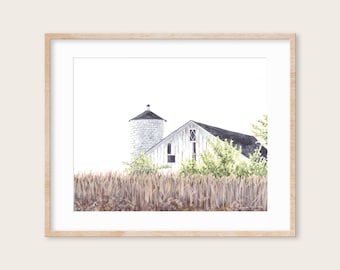 Druckbares Bauernhaus Aquarell | Instant Download von White Barn Painting | Rustikales Dekor für Zuhause und Büro | Bauernhaus Motiv Wandkunst